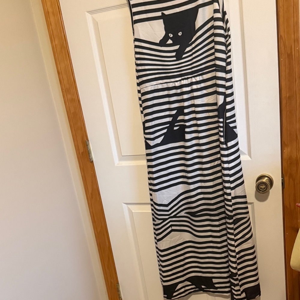Striped Black and White Cat Motif Maxi Dress